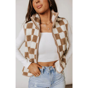 Wild Rose Los Angeles Checkered Sherpa Vest Crop Oversized Size XS